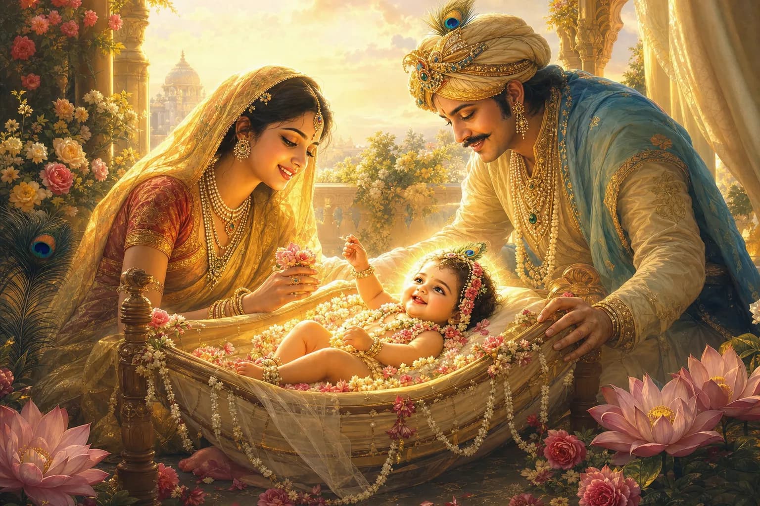 The infant Radharani glowing in a flower-decked cradle as Kirtida and Vrishabhanu lean over her with joy
