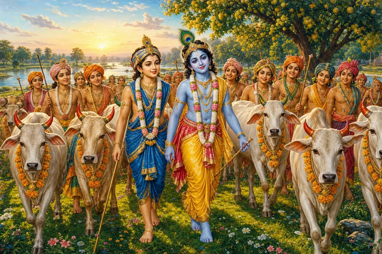Young Krishna leading a herd of garlanded cows out to graze on a golden Vrindavan morning, Balarama and the cowherd boys beside him, the cows tilaked and their horns bright with colour
