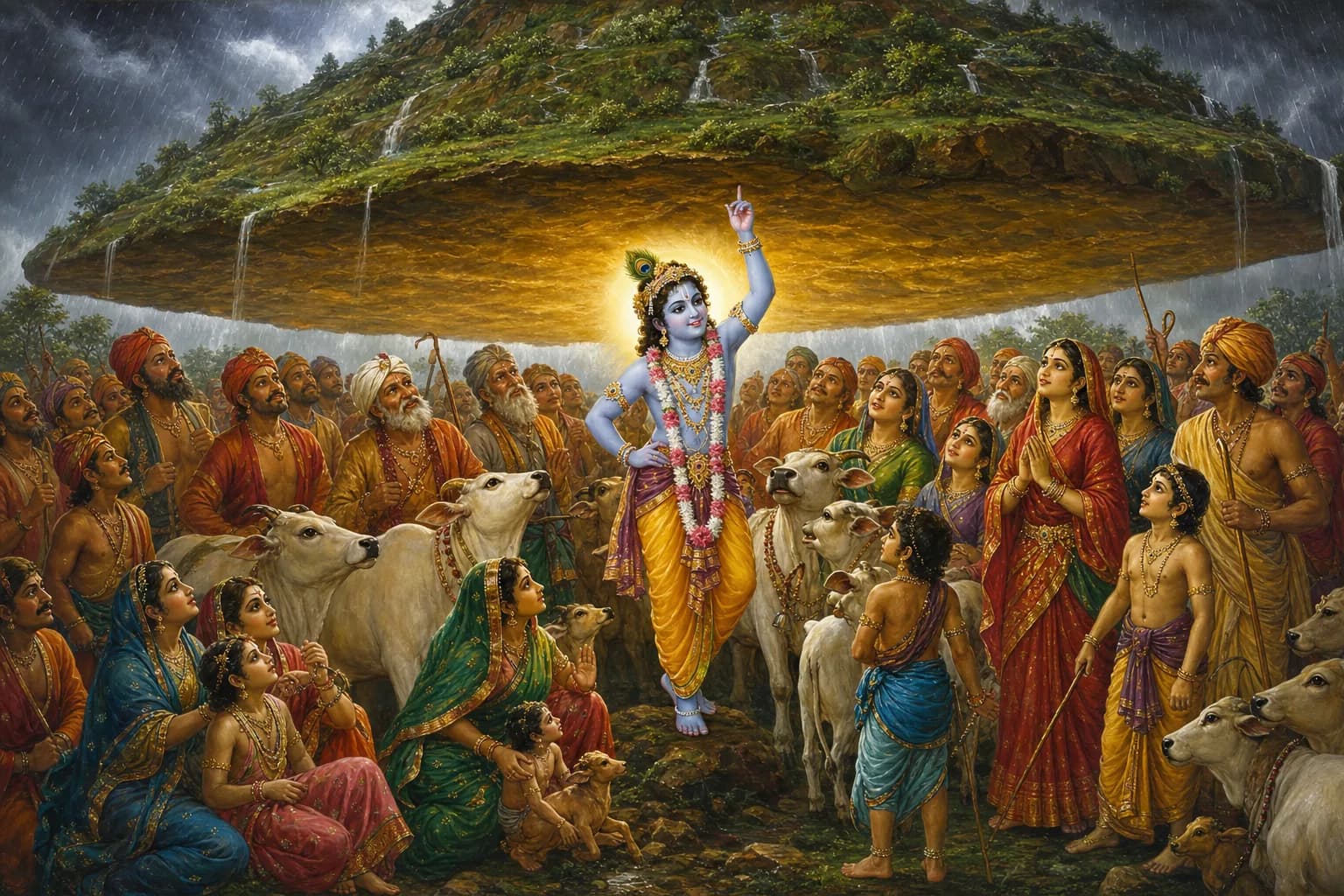 Young Krishna holding Govardhan hill aloft on one raised hand like a green umbrella, the cowherds, gopis and cattle of Vraja sheltering beneath it as the rain falls around the edges
