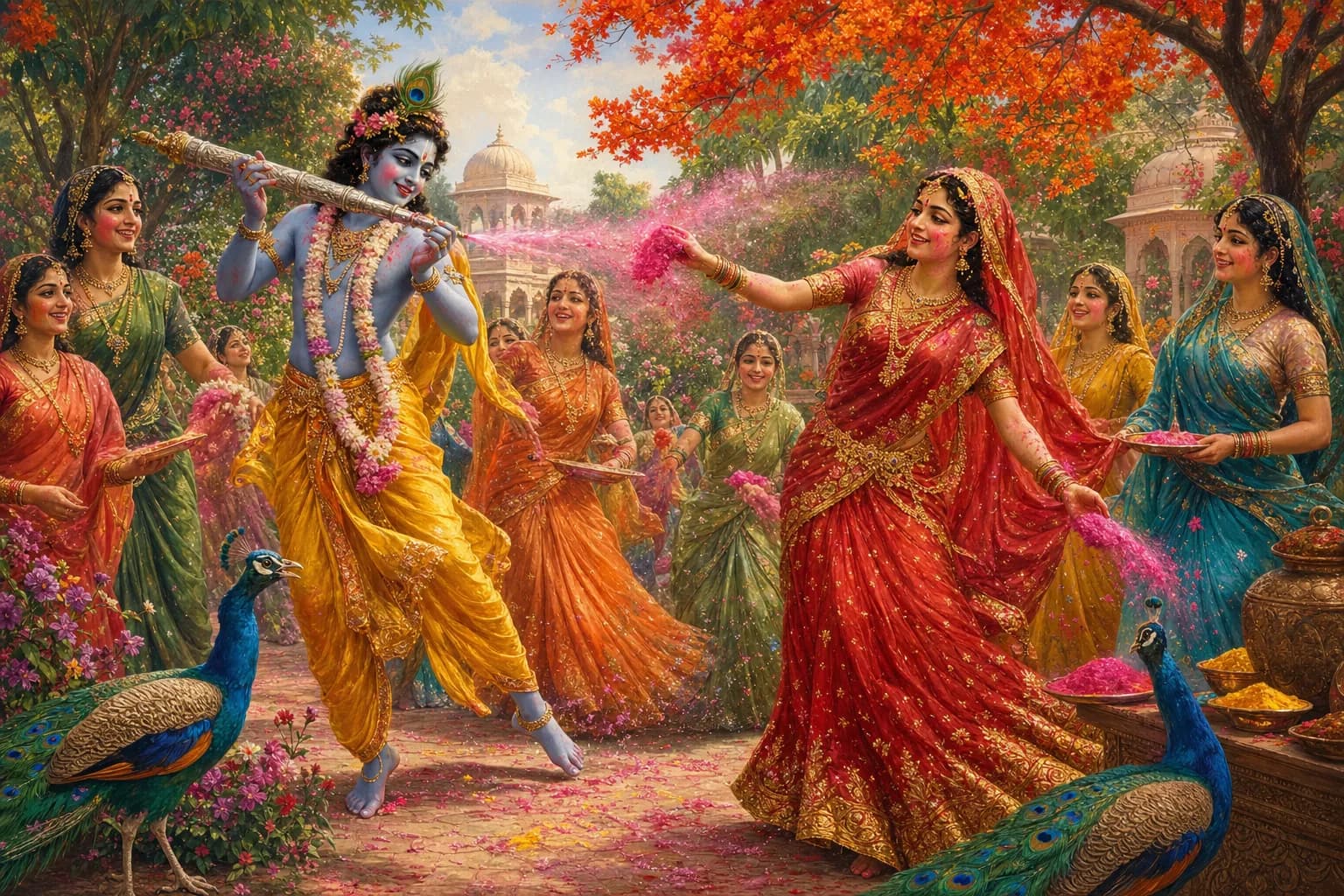 Radha and Krishna playing Holi in a flowering Vrindavan grove at golden morning, Krishna holding a slender pichkari while Radha and her sakhis lift handfuls of red and saffron gulal into the sunlit air, peacocks watching from the flame-of-the-forest trees