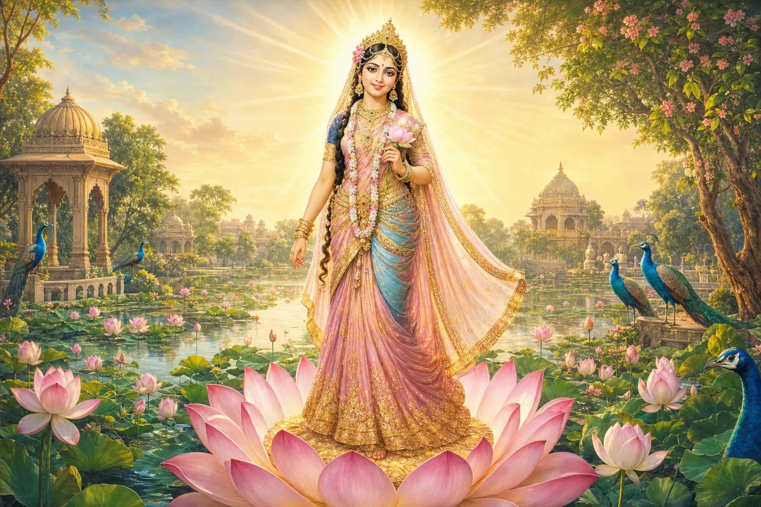 Srimati Radharani standing radiant on a blooming pink lotus with a golden aura above a lotus lake