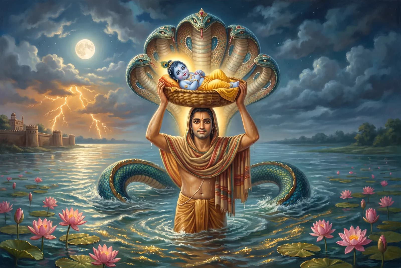 Vasudeva wading the flooded Yamuna at midnight with the newborn Krishna in a basket on his head, Sheshnaga's hoods spread above them and lotuses lit gold on the water