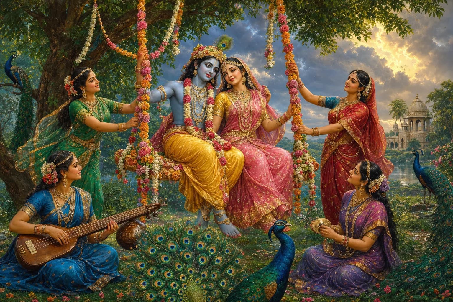 Radha and Krishna seated together on a flower-decked swing hanging from a kadamba tree in a green Vrindavan grove, sakhis pulling the ropes in the monsoon light