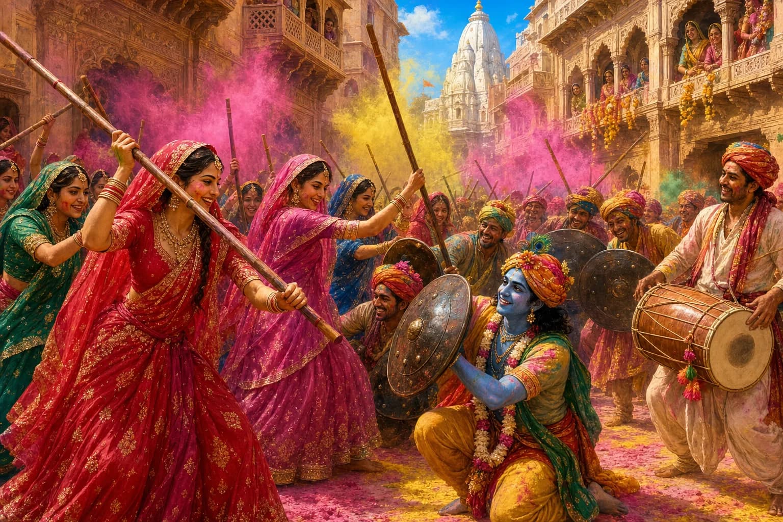 Women of Barsana in crimson and magenta veils raising long bamboo lathis in a narrow sandstone lane while the men of Nandgaon laugh behind round leather shields, Krishna among them, clouds of pink and yellow gulal thick in the air beneath the carved balconies