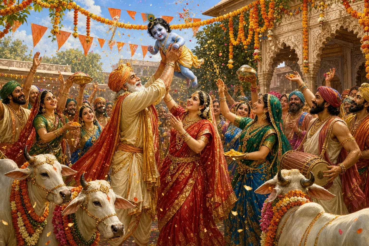 Nanda Baba holding the infant Krishna aloft in his Gokul courtyard at golden morning, Yashoda beside him, cowherds and gopis throwing butter and curd and turmeric in celebration, decorated cows and drummers around them