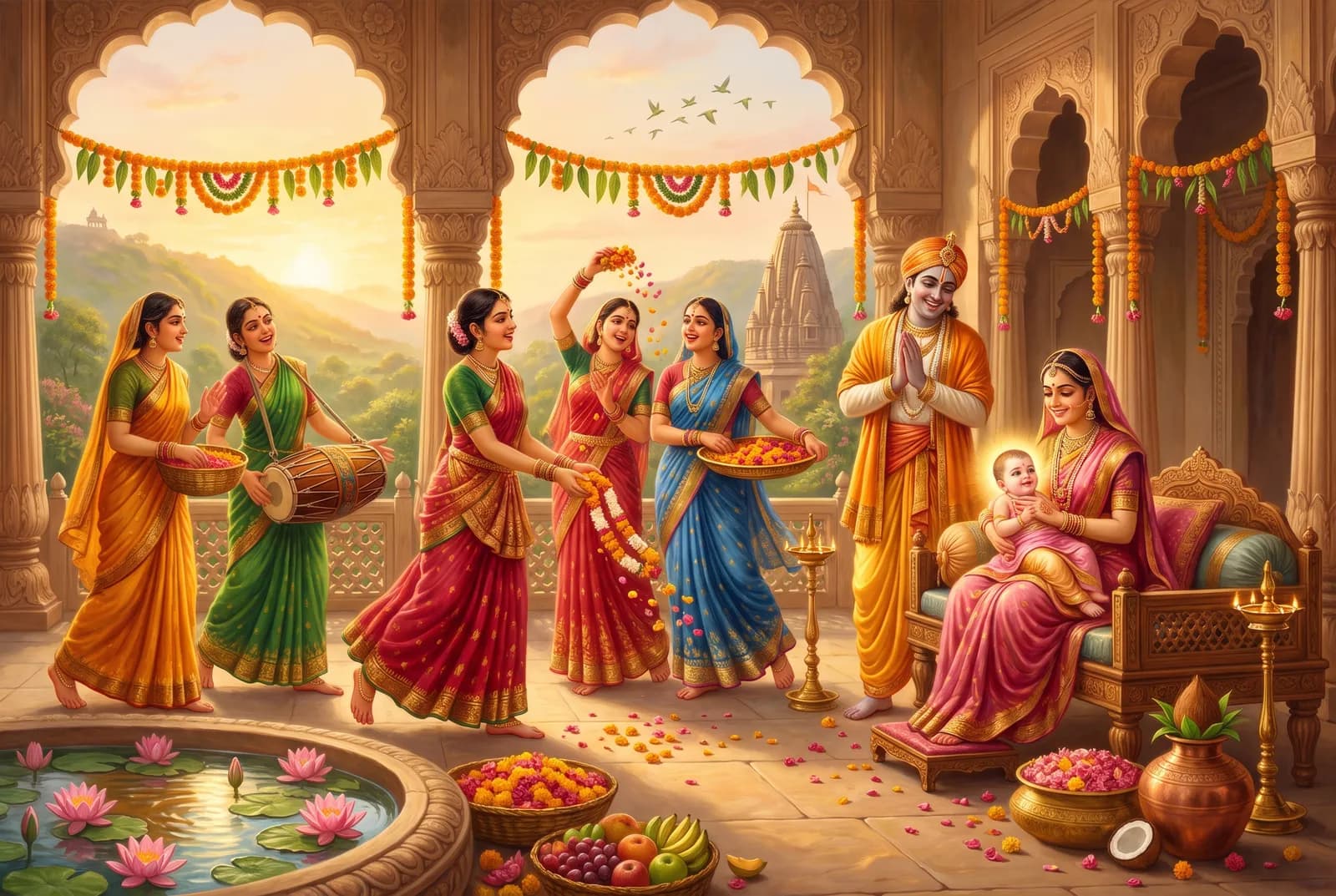 The infant Radharani glowing in Kirtida's arms in a Barsana palace courtyard at golden dawn, Vrishabhanu with folded hands beside her while sakhis dance and shower marigold petals