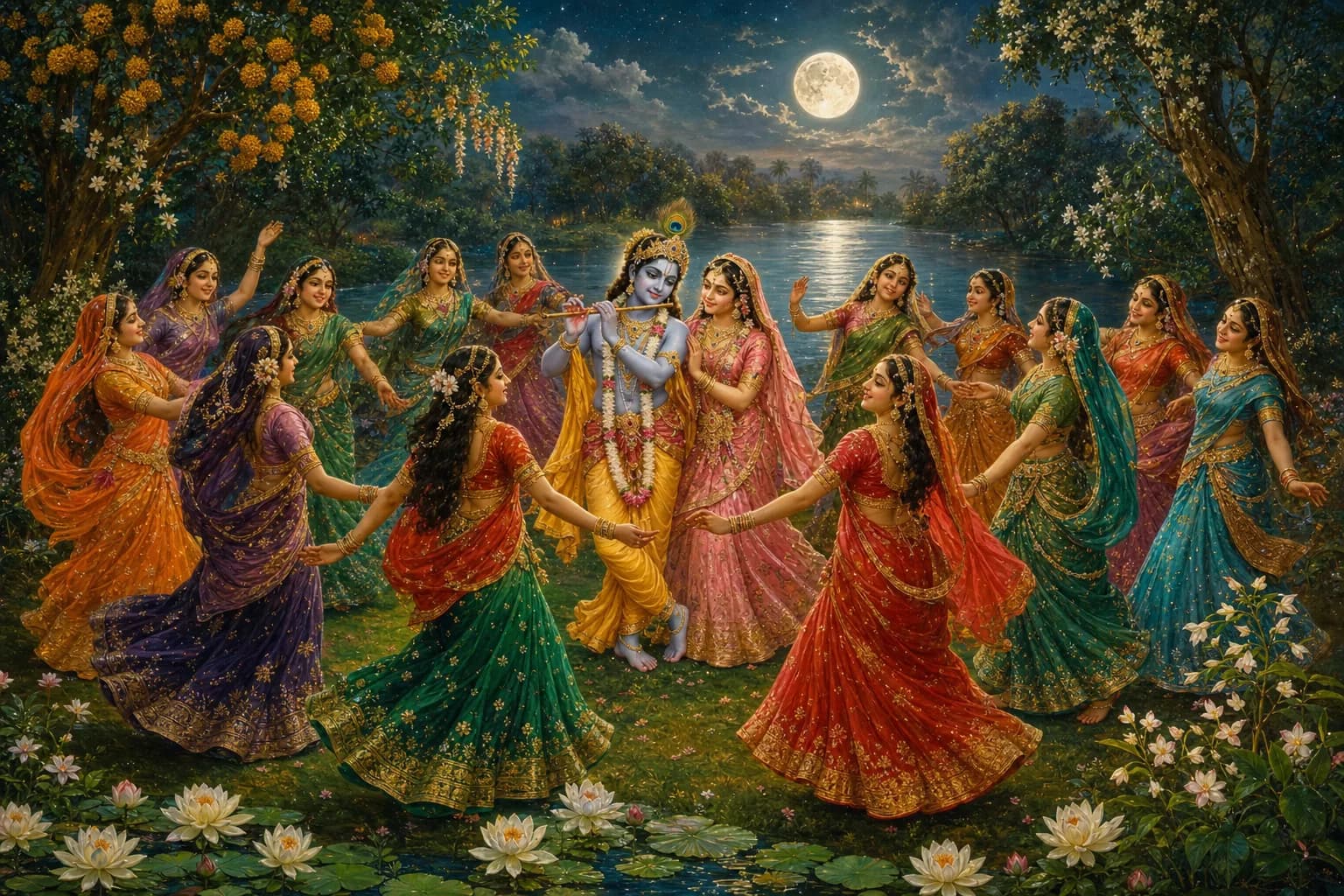 The maha raas on the bank of the Yamuna under the full autumn moon, Krishna playing the flute at the centre with Radha beside him while the gopis dance in a ring around them in crimson, emerald, saffron and turquoise, white lotuses at the water's edge
