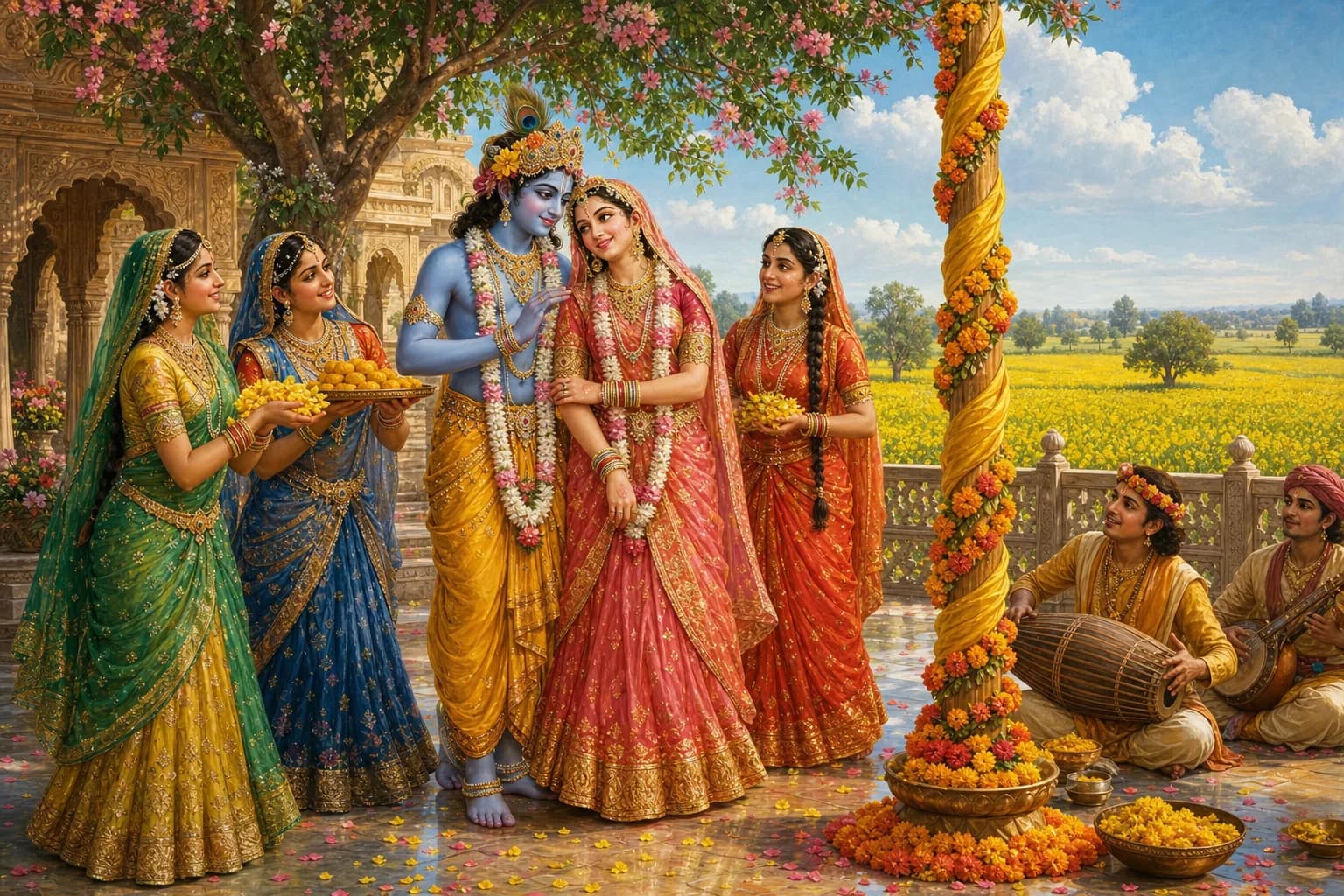 A spring morning in Vrindavan with mustard fields in yellow bloom beyond a temple courtyard, Radha and Krishna in yellow silk beneath a flowering tree while sakhis offer yellow flowers and musicians begin the samaj gayan