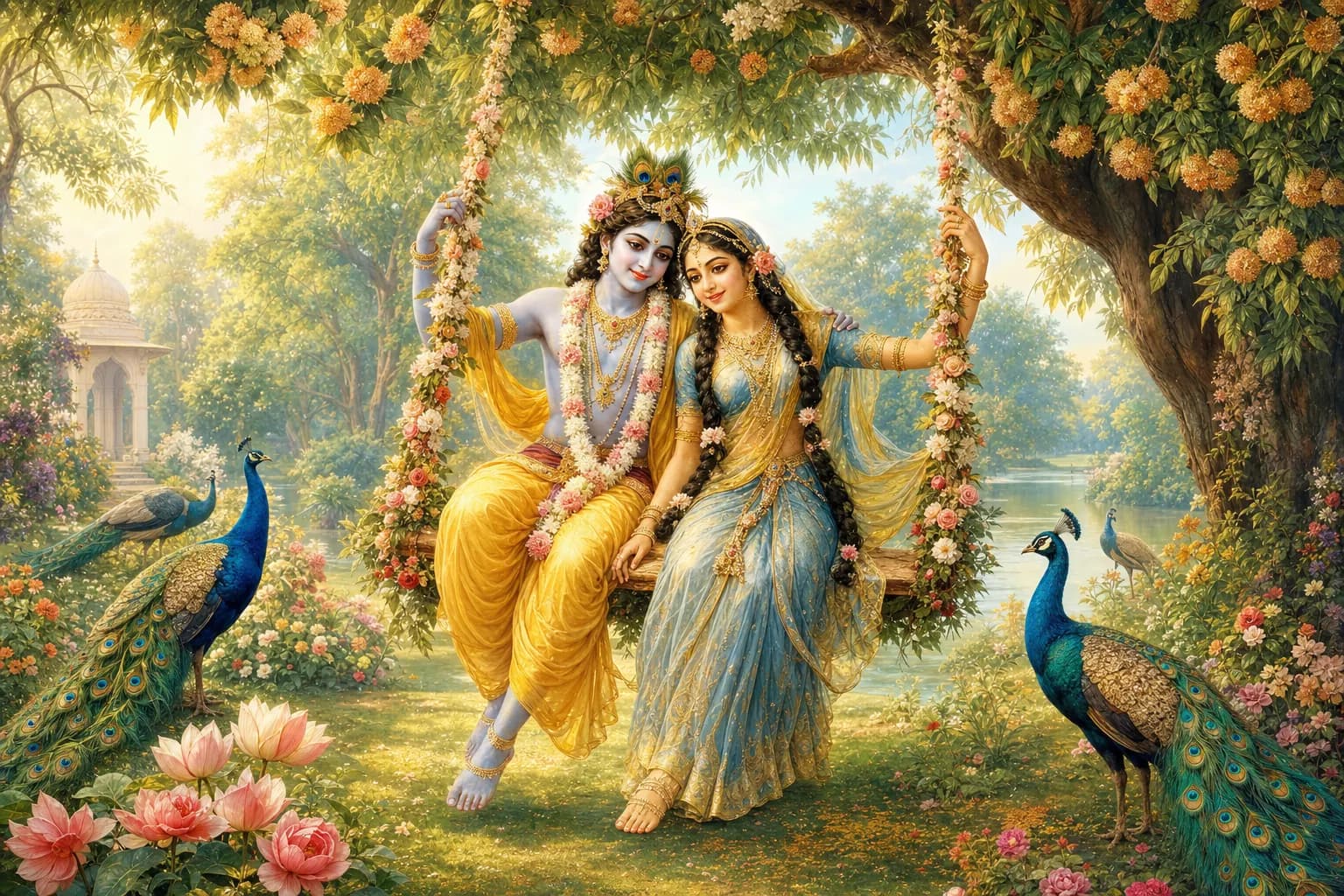 Radha and Krishna seated together on a flower-decorated swing beneath a kadamba tree, peacocks nearby
