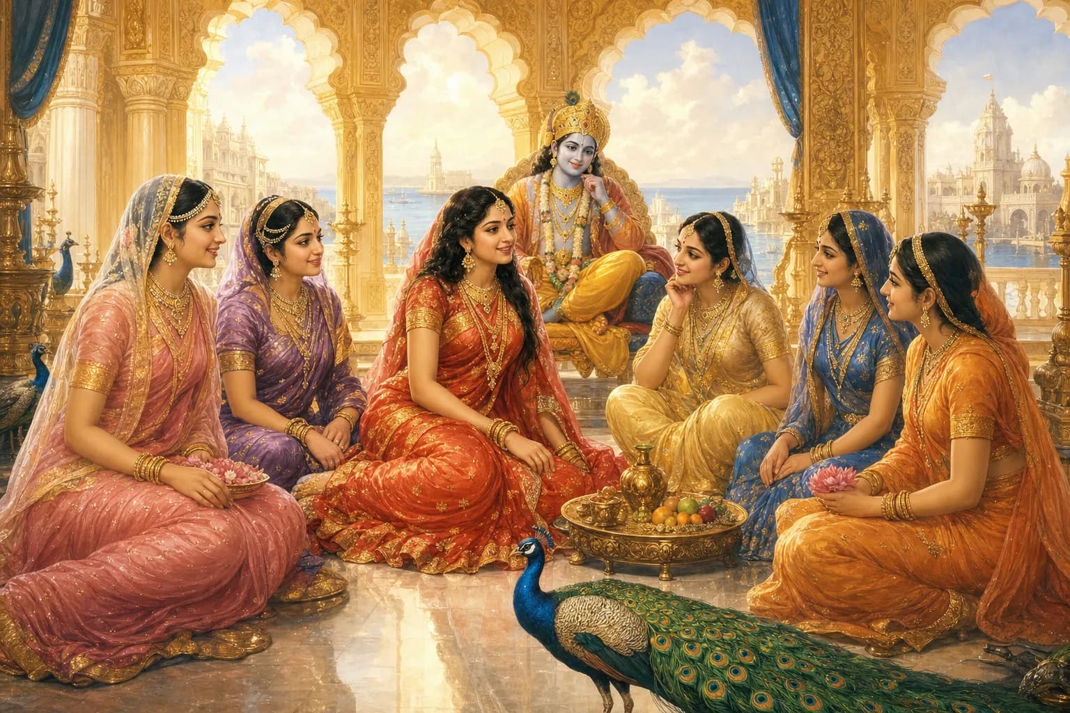 Draupadi seated in conversation with Krishna's queens in the golden palace of Dwarka, Krishna resting behind them