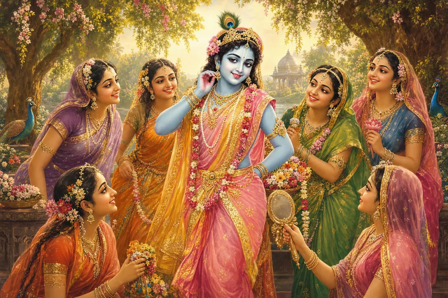Krishna playfully dressed in a gopi's sari among his smiling gopi friends in a flowering Vrindavan garden