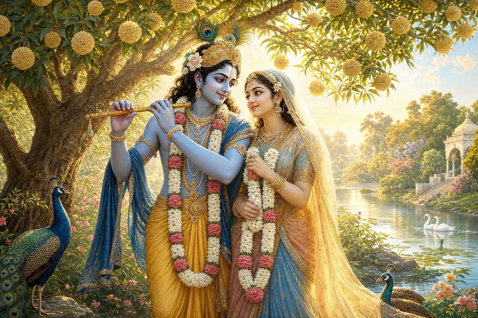 Radha and Krishna standing together in eternal love beneath a flowering kadamba tree beside the Yamuna