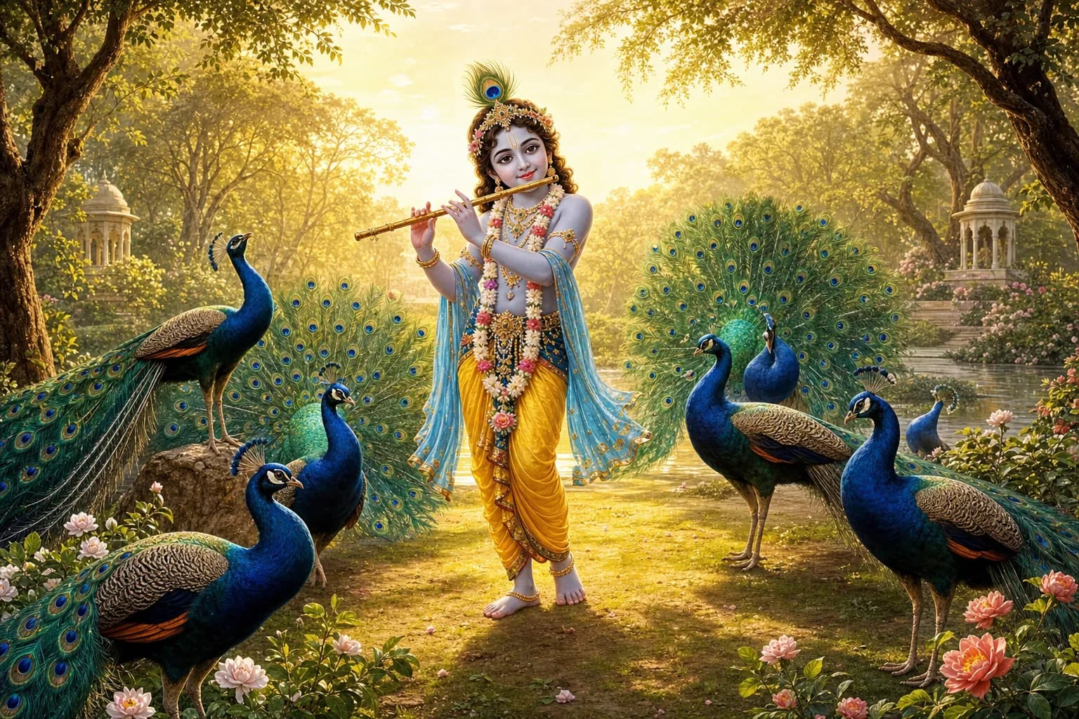 Krishna crowned with a peacock feather, playing his flute as peacocks dance around him at dawn in Vrindavan