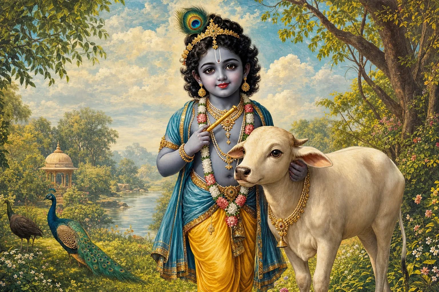 Krishna as a child with a dark blue-black rain-cloud complexion, standing with a calf in a sunlit Vrindavan grove