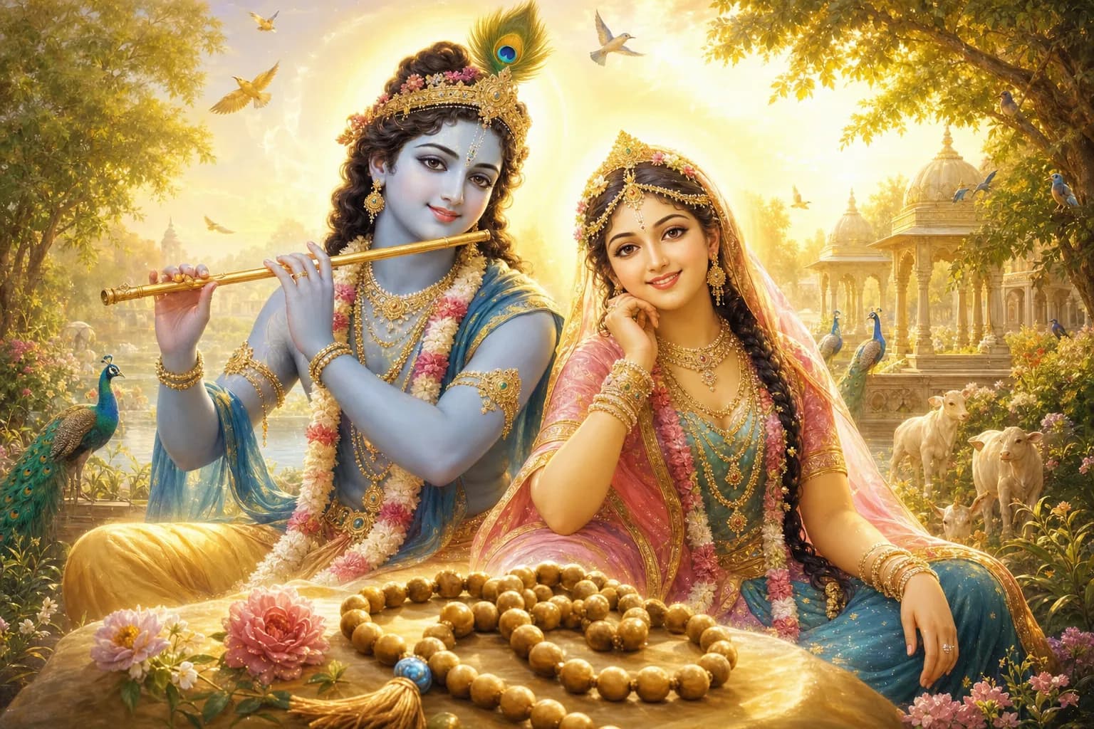 Radha and Krishna bathed in golden light with a tulsi japa mala in the foreground, Vrindavan behind them