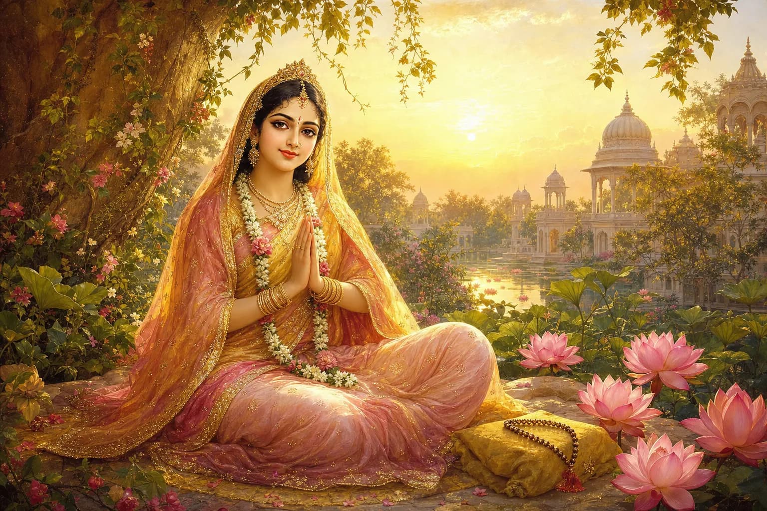 Srimati Radharani seated in prayer at golden sunset beside a lotus lake in Vrindavan, a tulsi japa mala beside her
