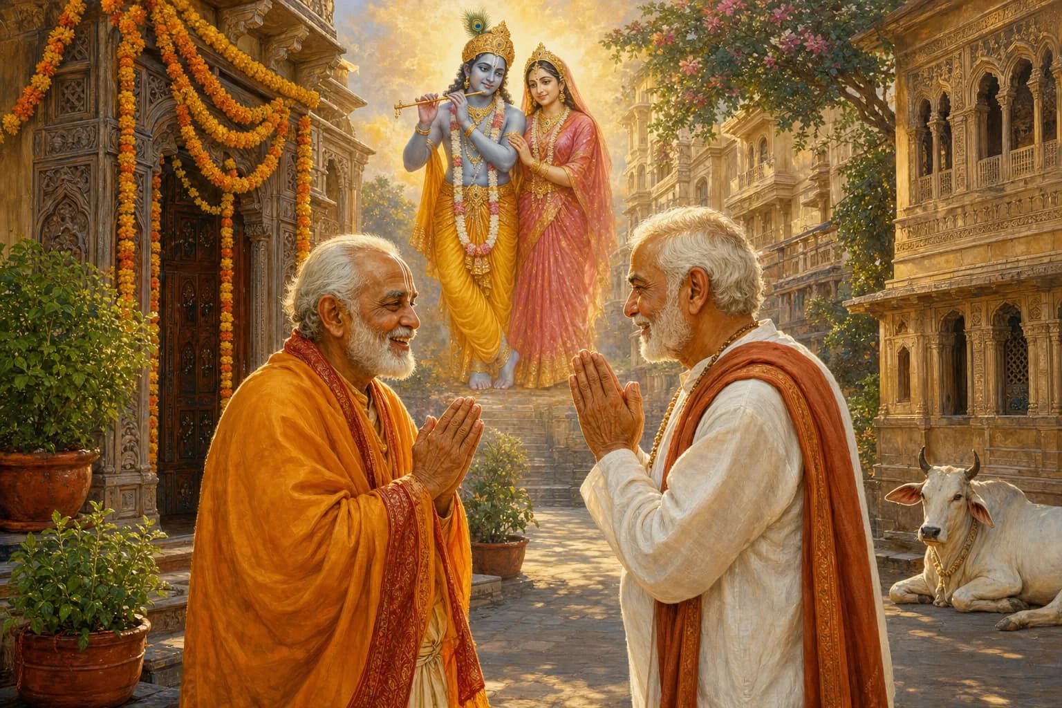 A quiet Vrindavan lane at golden morning, two elderly Brajwasi devotees greeting each other with folded hands outside a garlanded temple doorway, tulsi in clay pots and a white cow resting nearby, with a radiant vision of Radha and Krishna held in the light above them