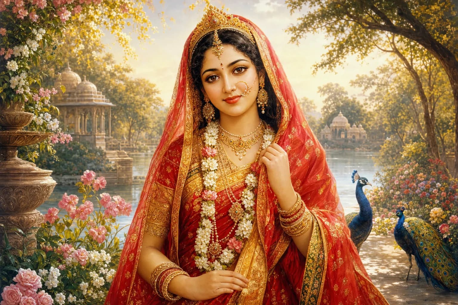 Srimati Radharani in a red and gold sari with a delicate crown, radiant in a flowering Vrindavan garden