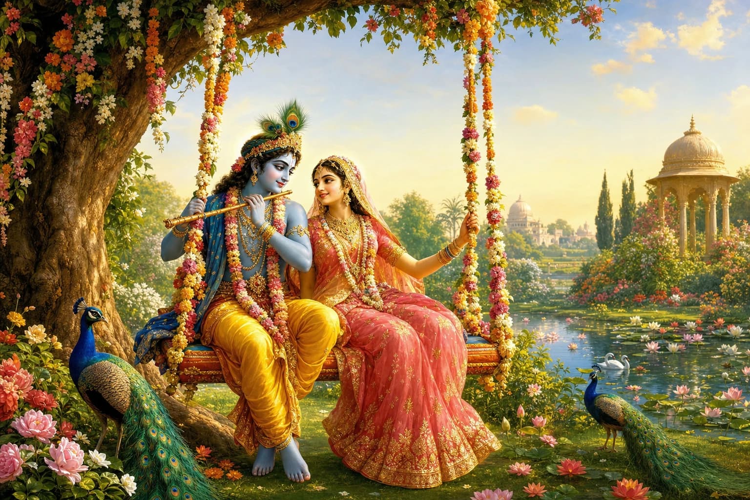 Radha and Krishna together on a flower swing in a luminous Vrindavan garden at golden morning, painterly devotional art
